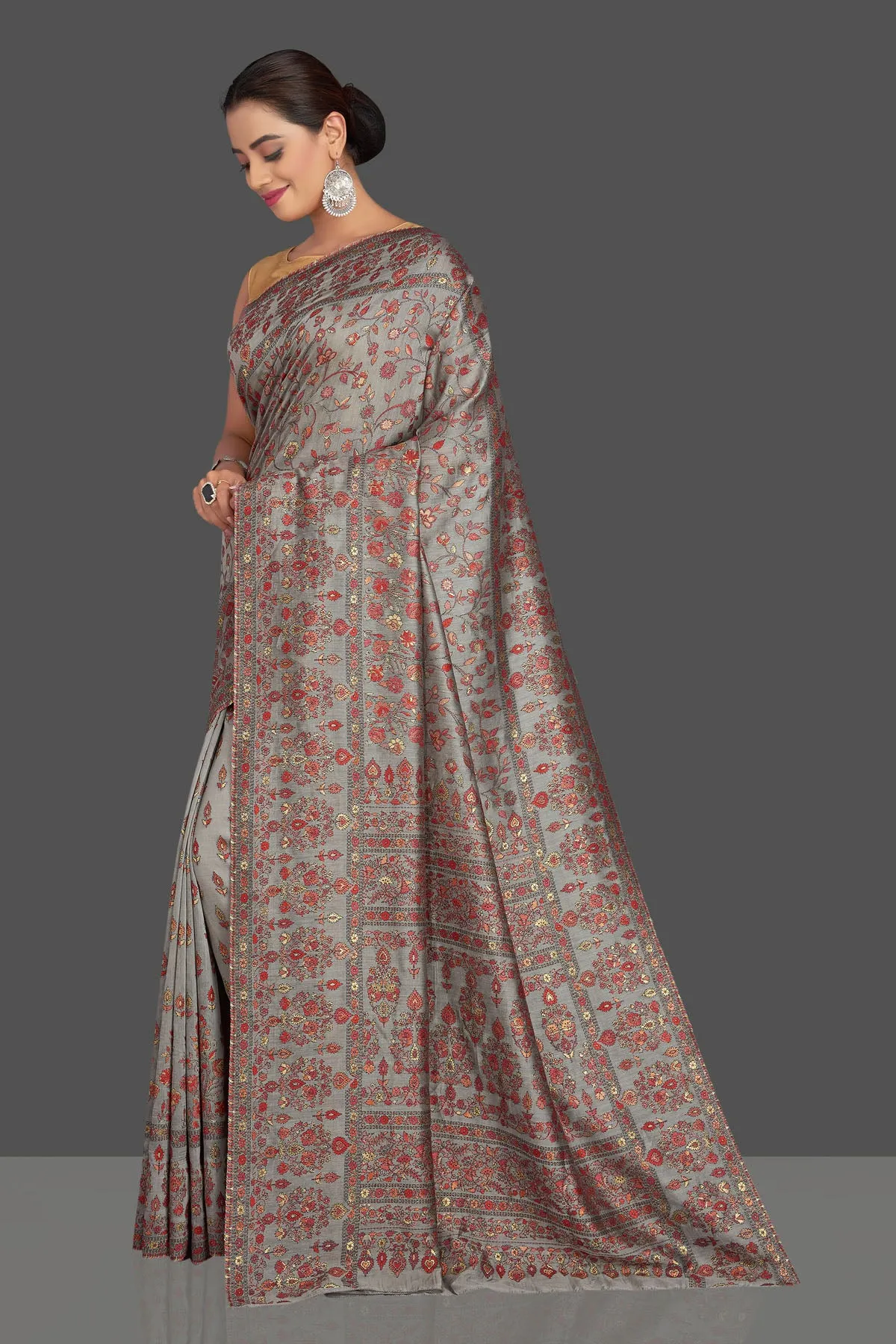 90K999-RO Grey Kani Weave Tussar Muga Saree