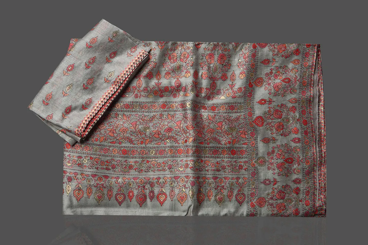 90K999-RO Grey Kani Weave Tussar Muga Saree