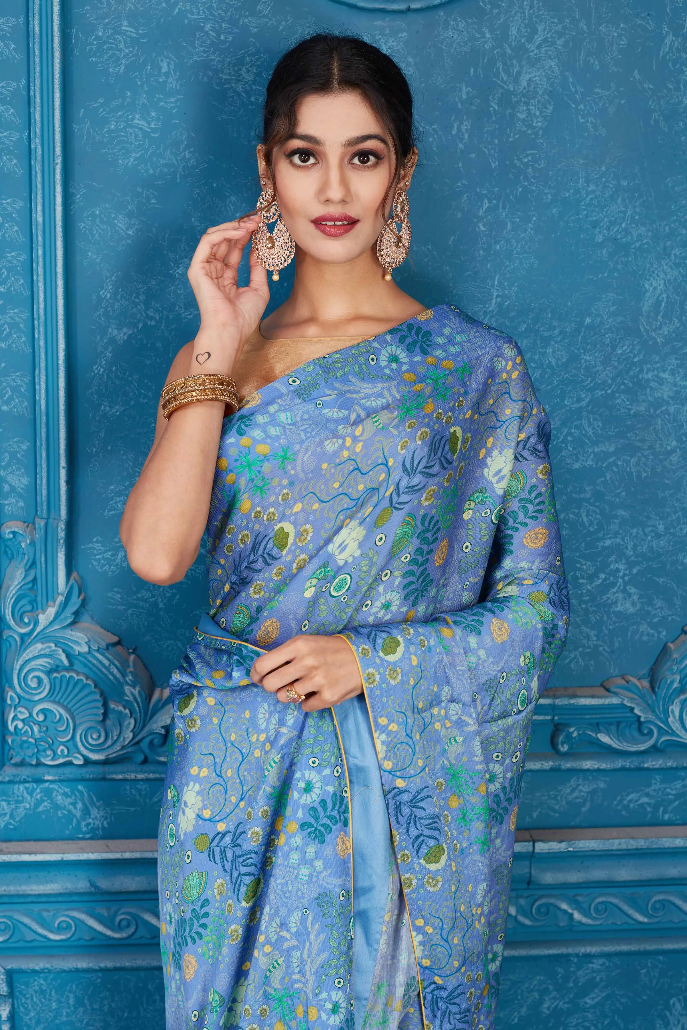 91A346 Blue Printed Crepe Chiffon Saree