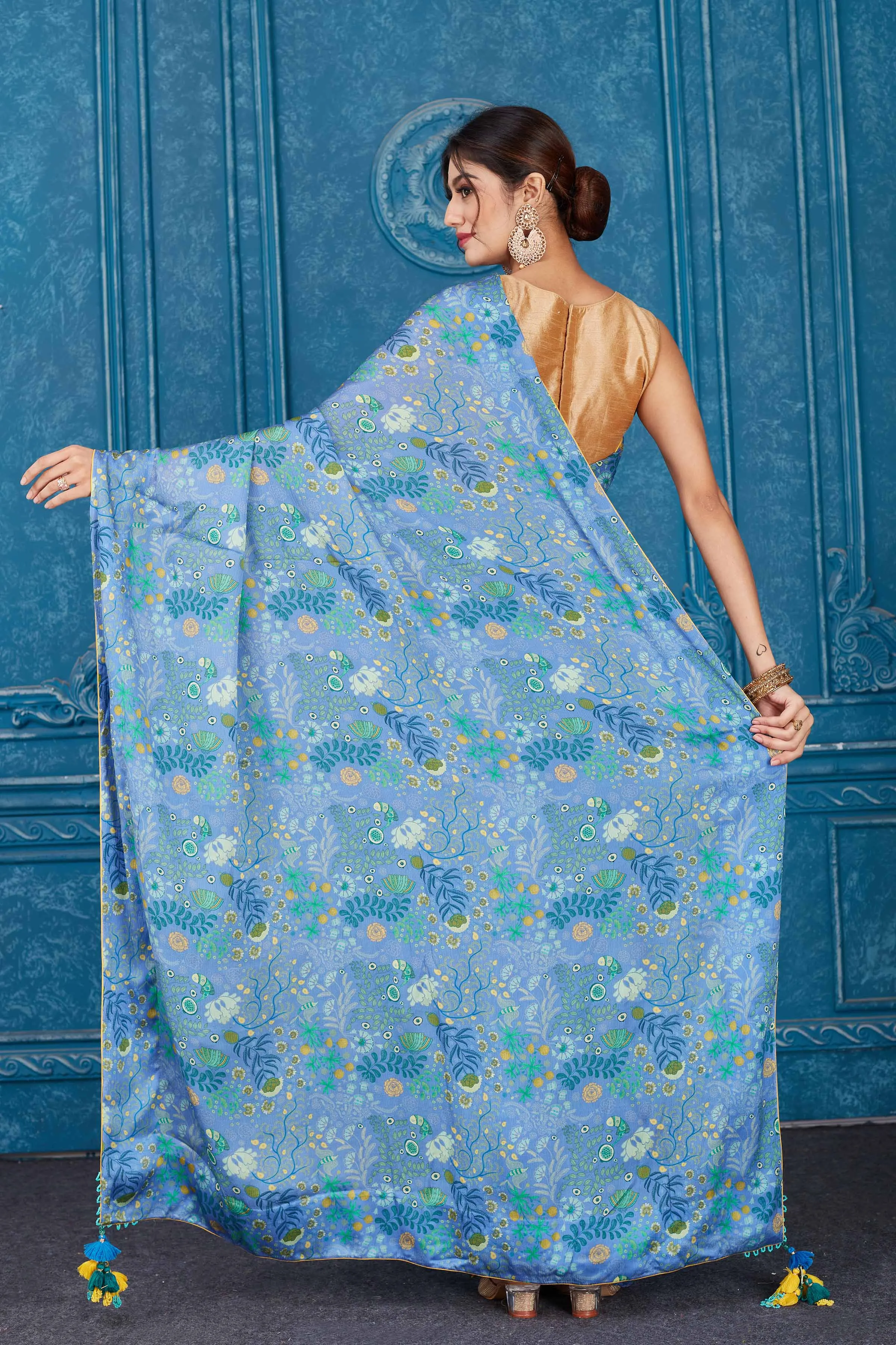 91A346 Blue Printed Crepe Chiffon Saree