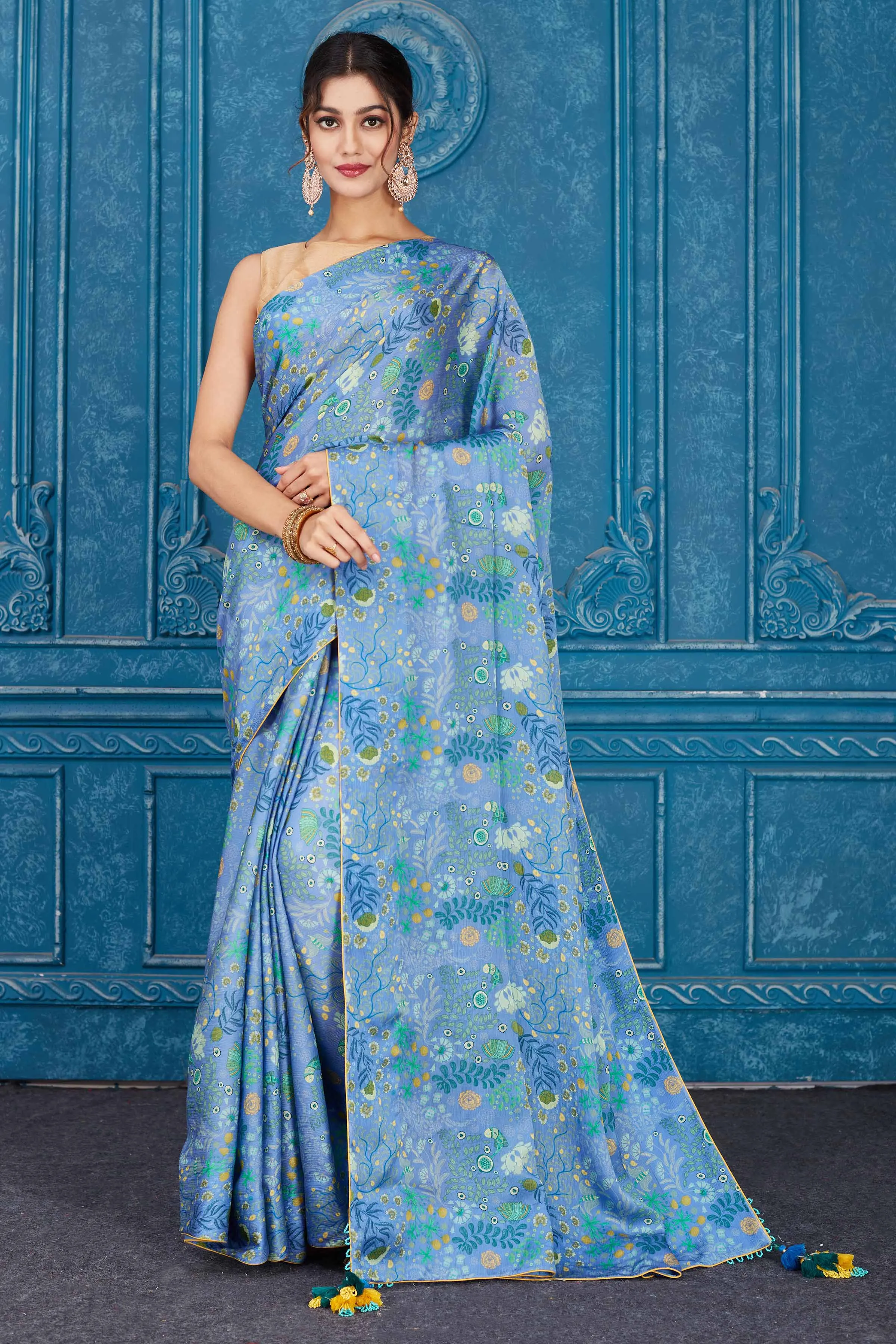 91A346 Blue Printed Crepe Chiffon Saree