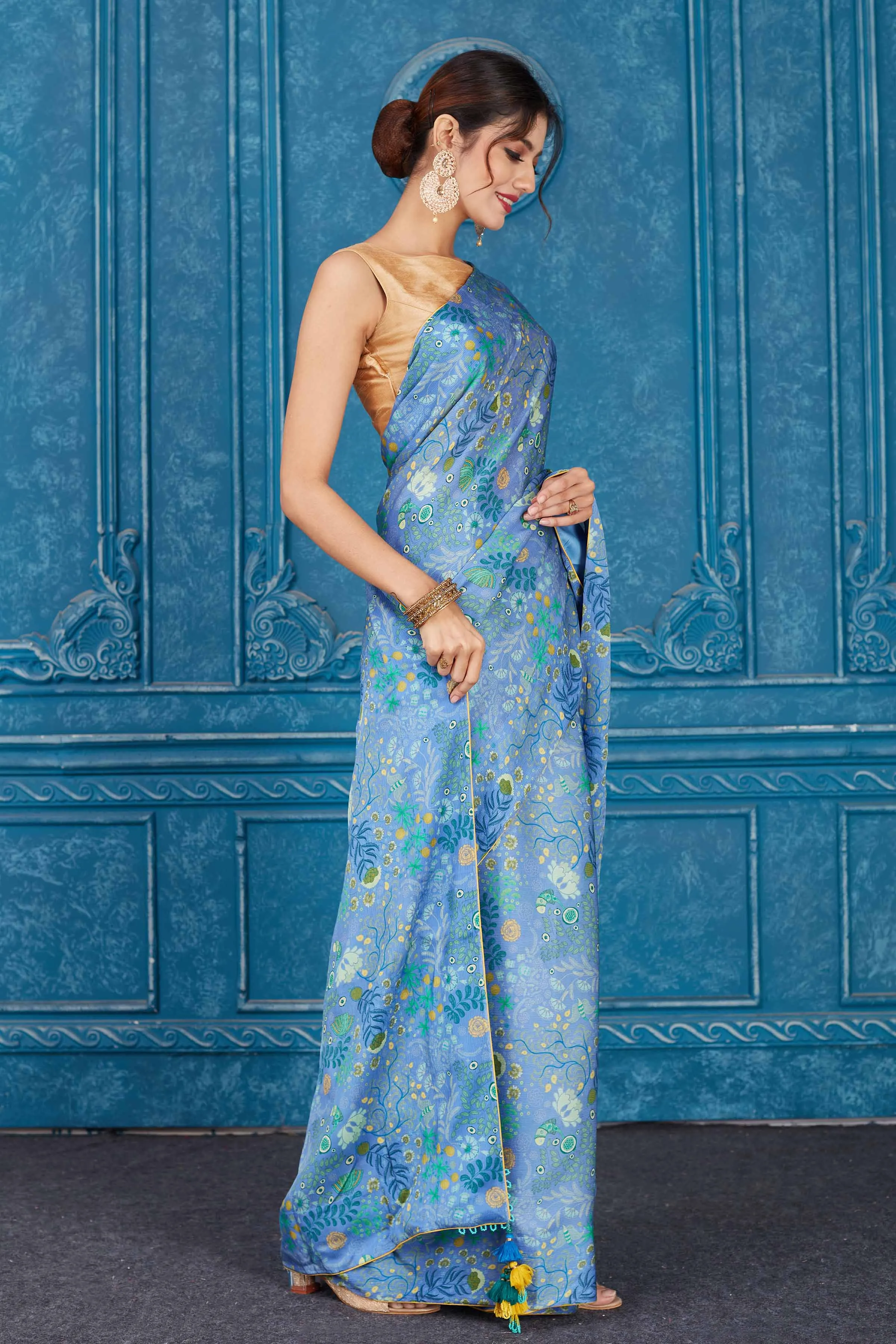 91A346 Blue Printed Crepe Chiffon Saree