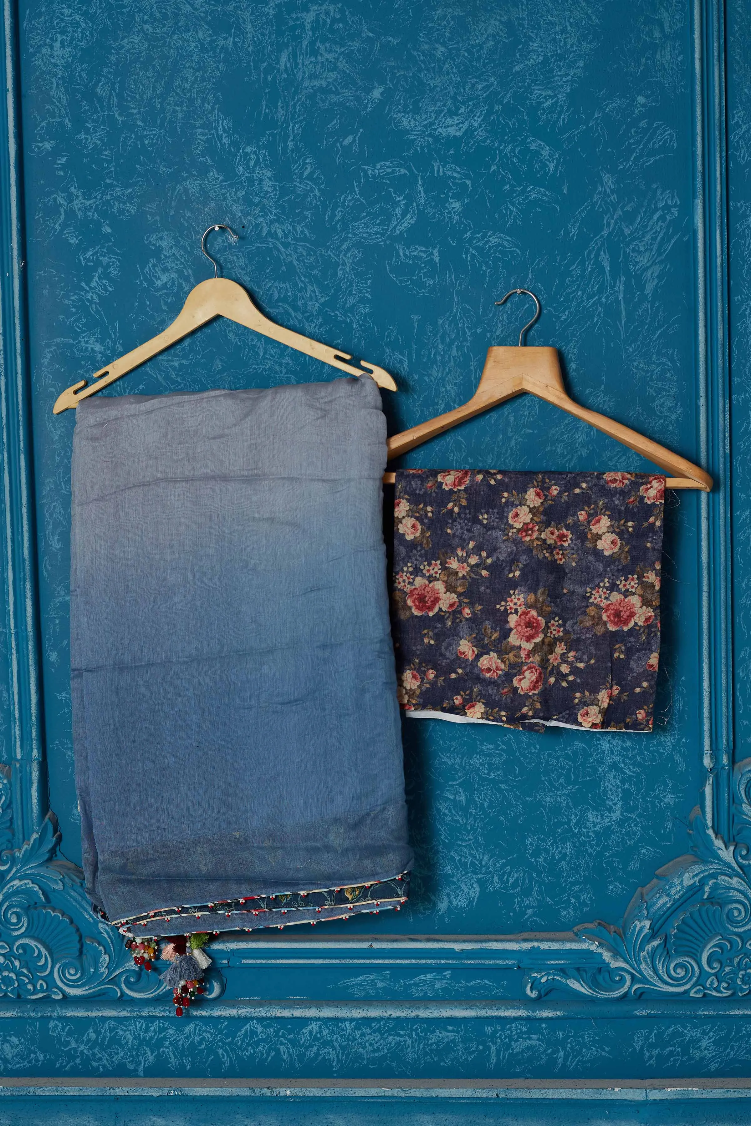 91A349 Ombre Blue Linen Saree with Floral Border