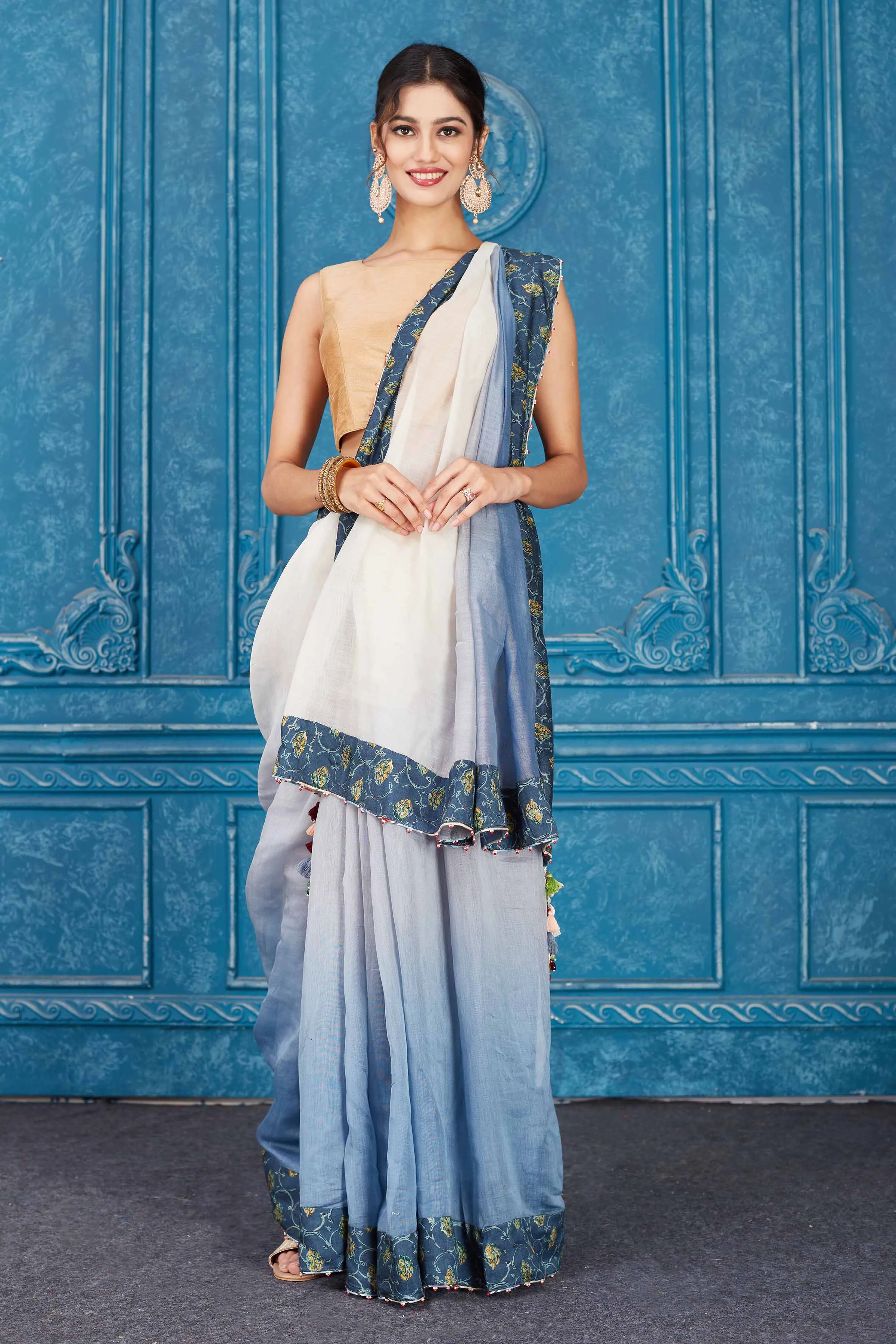 91A349 Ombre Blue Linen Saree with Floral Border