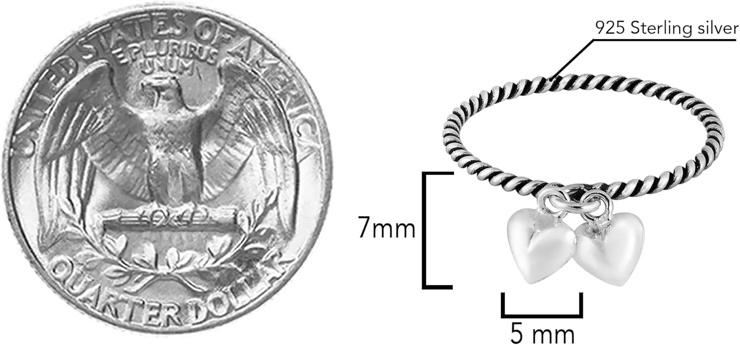 AeraVida Adorable Twin Hearts Dangle Twisted Band .925 Sterling Silver Ring | Cute Wedding Rings for Women | Chic Comfort Fit Silver Ring for Women | Love Symbol | Sizes 6-10