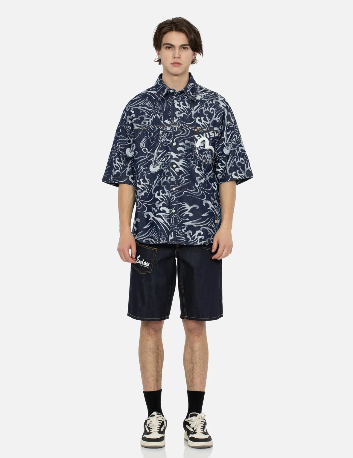 Allover Seagull and Carp Extracted Print Loose Fit Denim Shirt