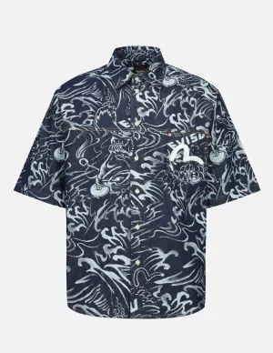 Allover Seagull and Carp Extracted Print Loose Fit Denim Shirt
