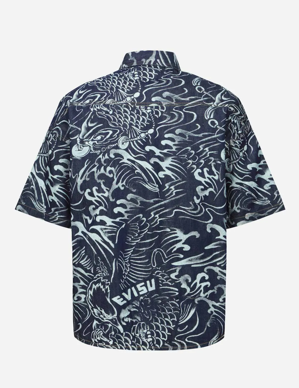Allover Seagull and Carp Extracted Print Loose Fit Denim Shirt