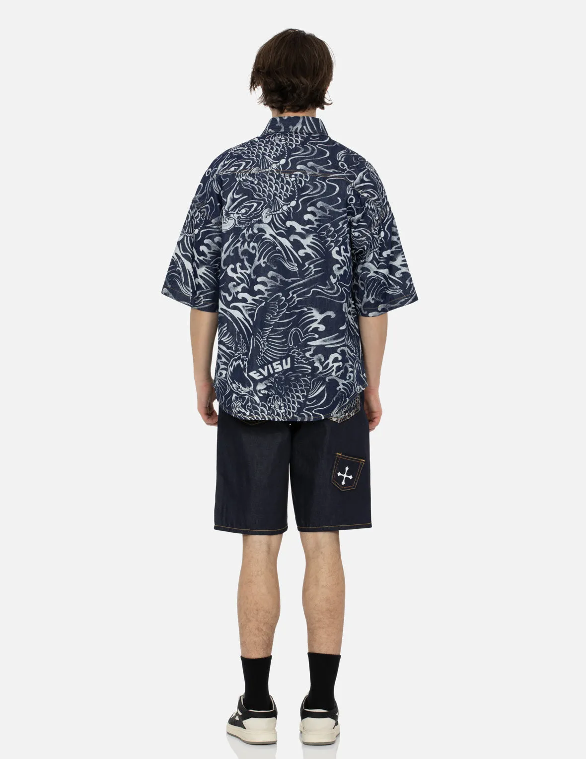 Allover Seagull and Carp Extracted Print Loose Fit Denim Shirt