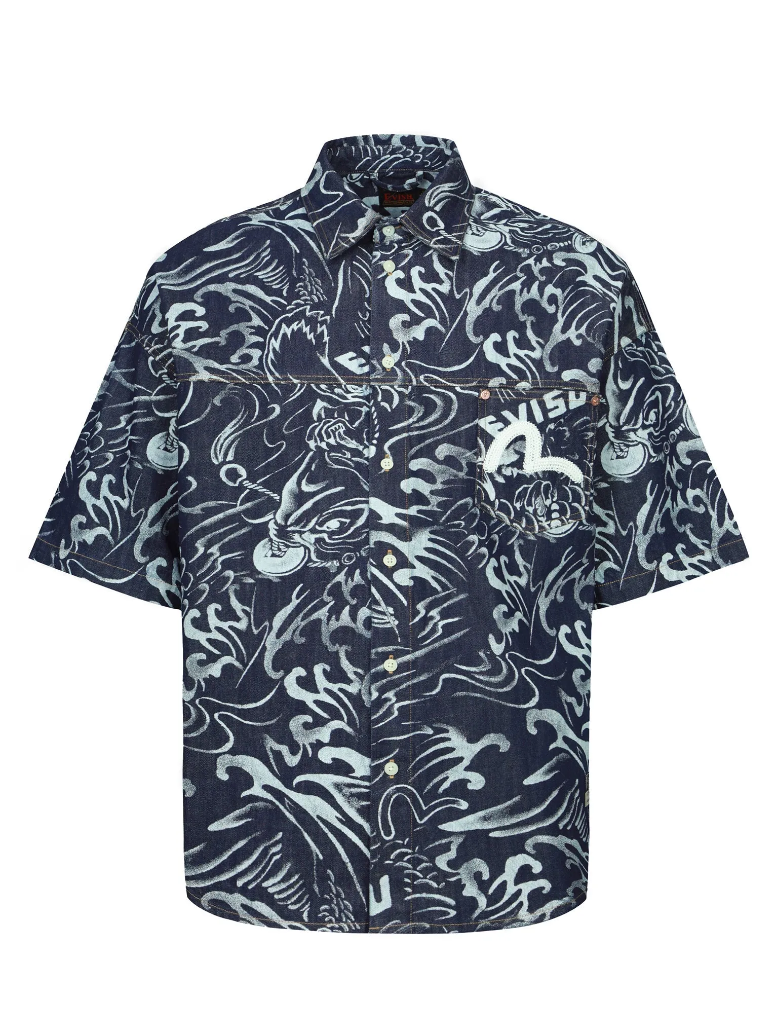 Allover Seagull and Carp Extracted Print Loose Fit Denim Shirt