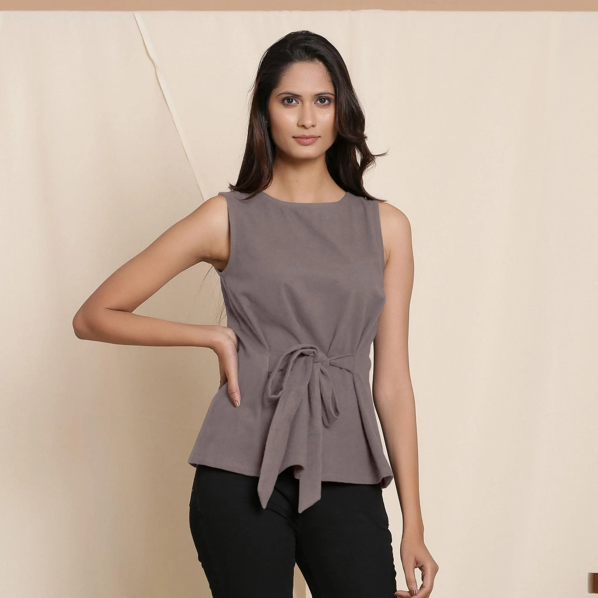 Ash Grey Warm Cotton Flannel Sleeveless Tie-up Top