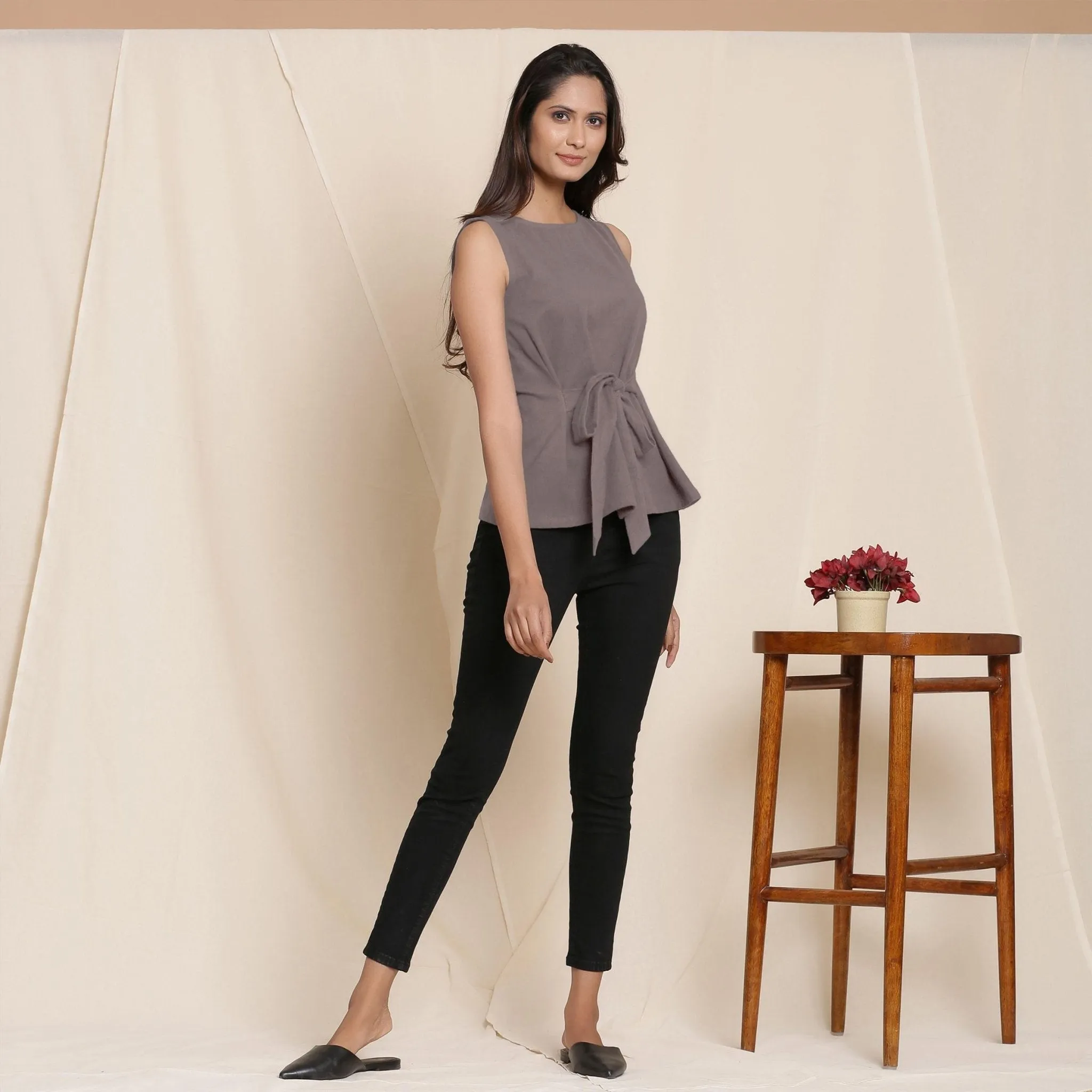 Ash Grey Warm Cotton Flannel Sleeveless Tie-up Top