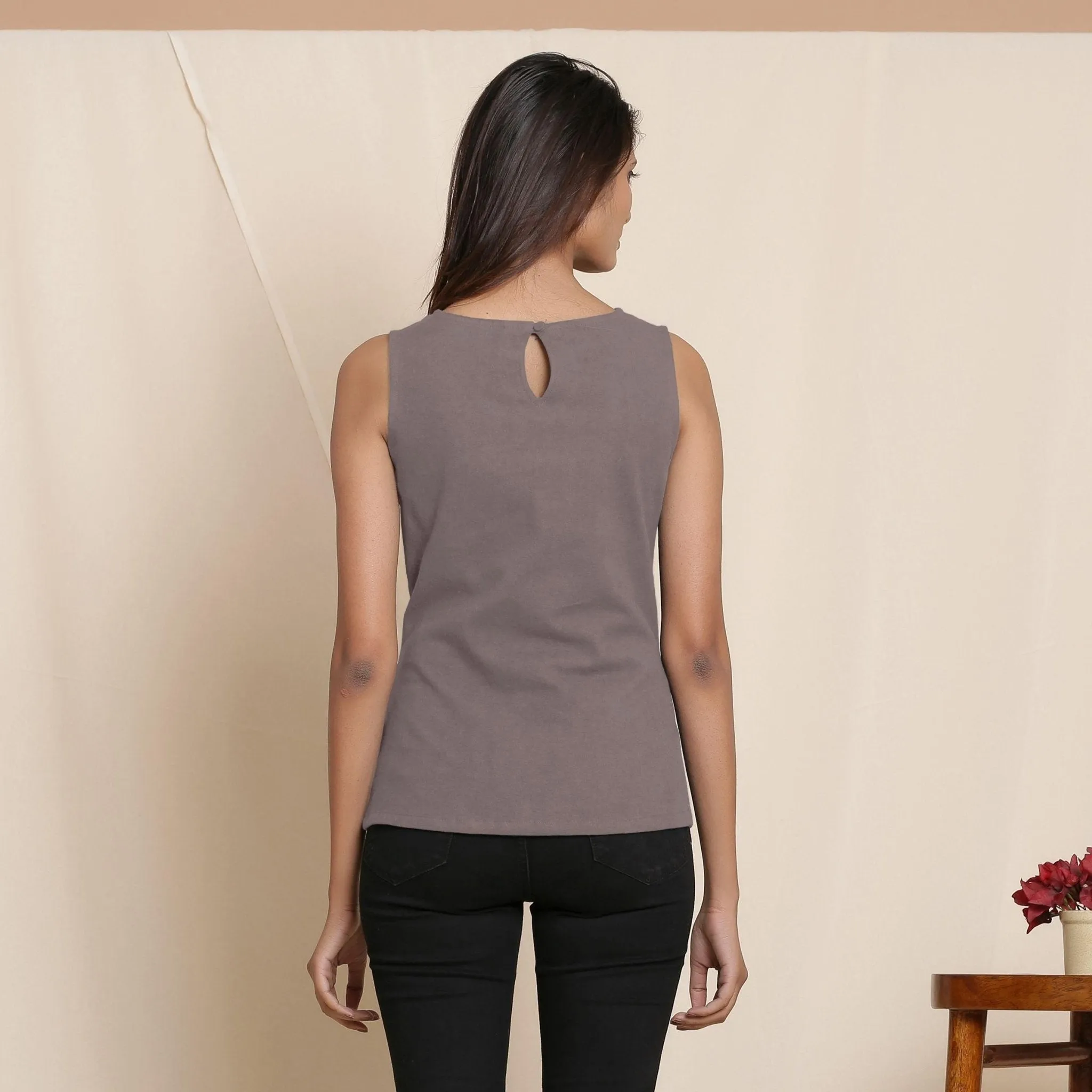 Ash Grey Warm Cotton Flannel Sleeveless Tie-up Top