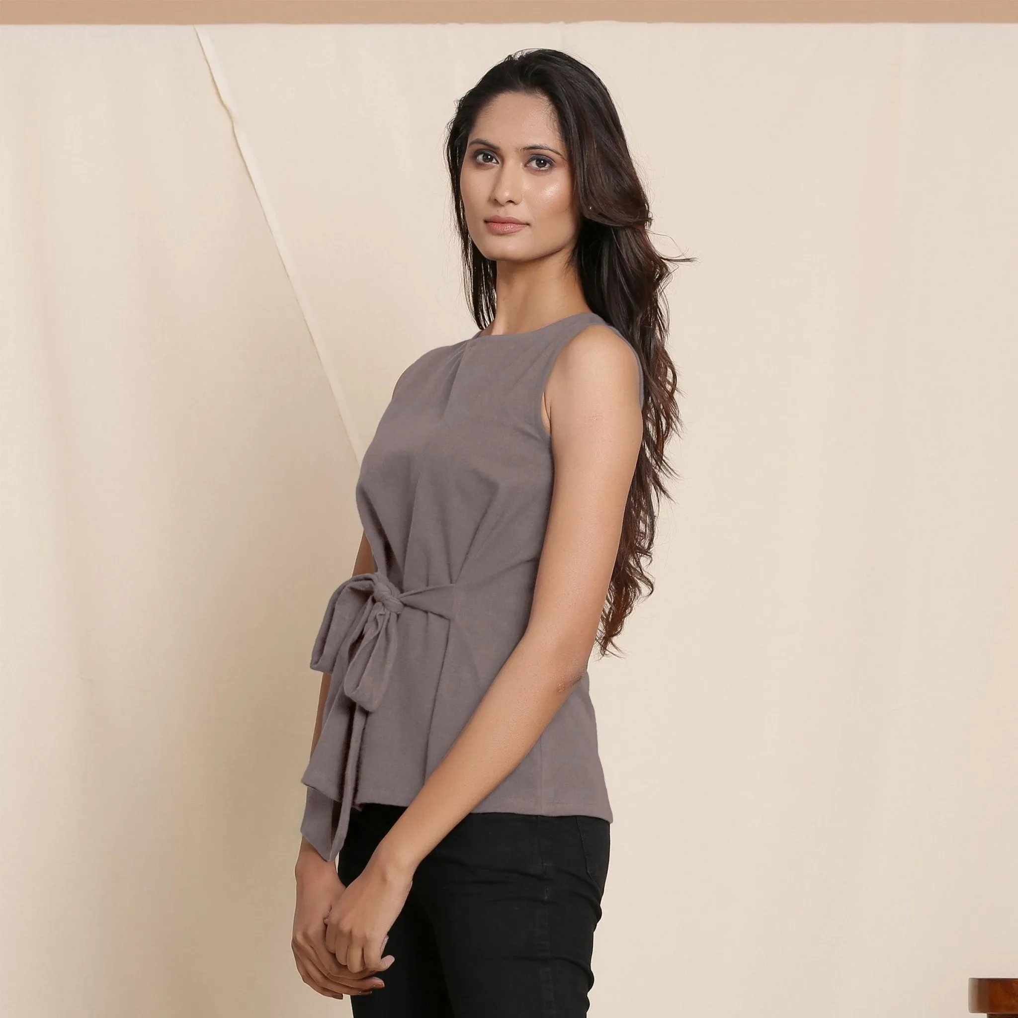 Ash Grey Warm Cotton Flannel Sleeveless Tie-up Top