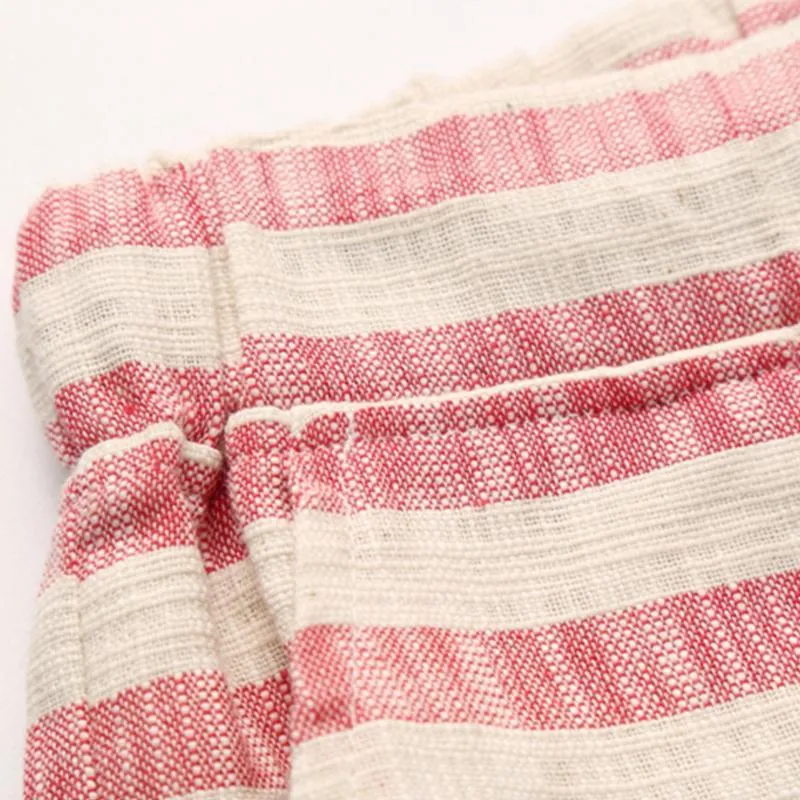 BACKWOODS | Men's Casual Cotton Linen Stripe Elastic Waist Straight Shorts