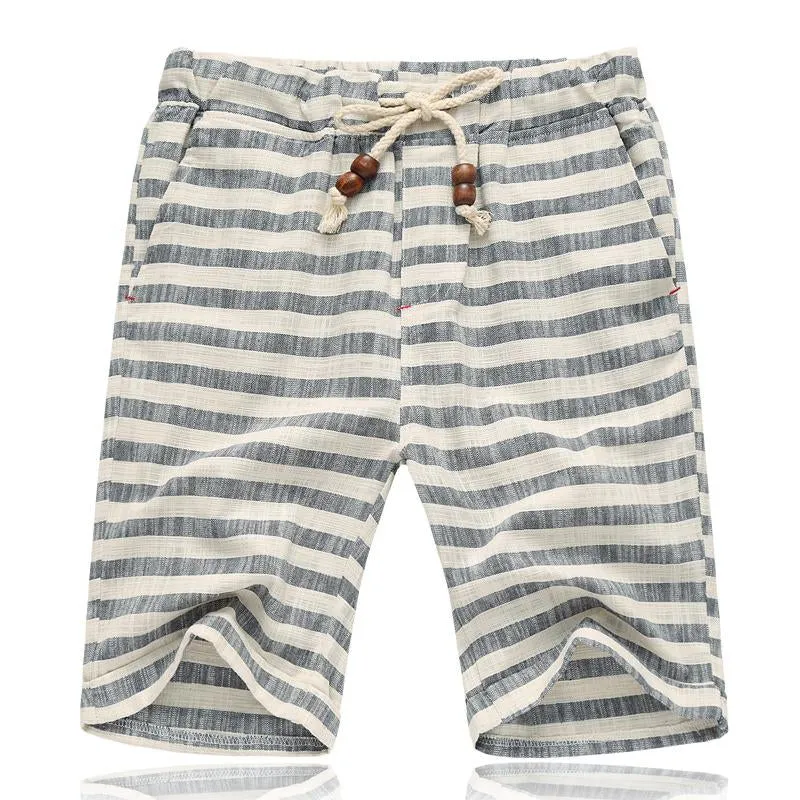 BACKWOODS | Men's Casual Cotton Linen Stripe Elastic Waist Straight Shorts