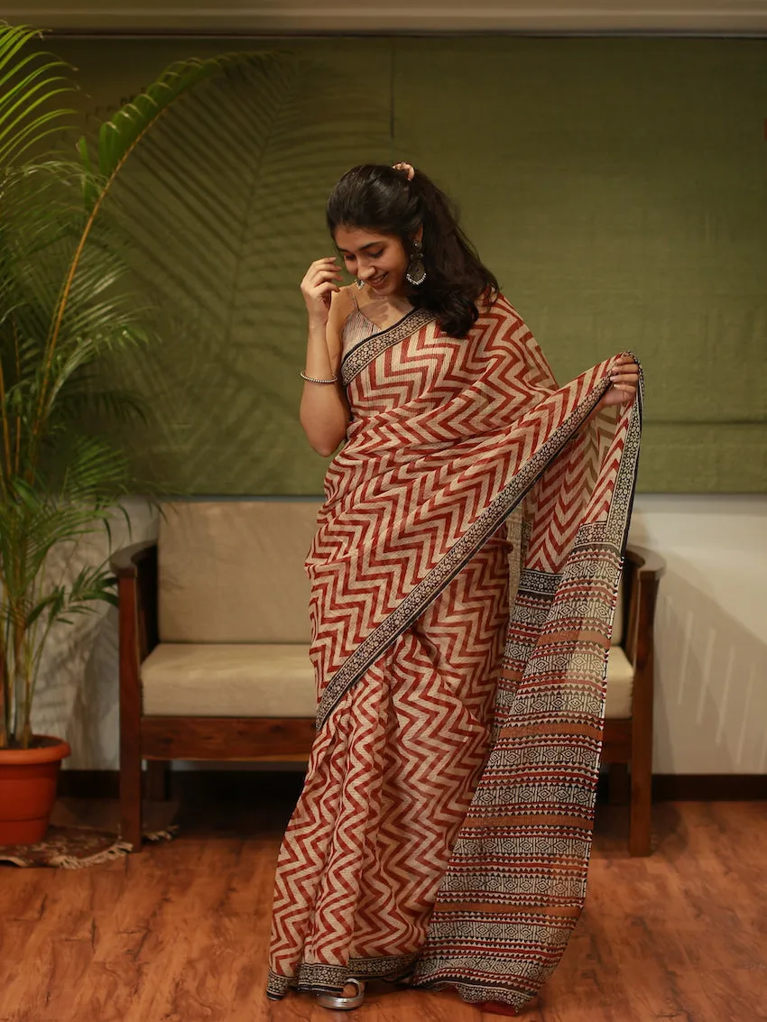 Bagru Hand Block Printed Kota Doria Natural Dyed Saree
