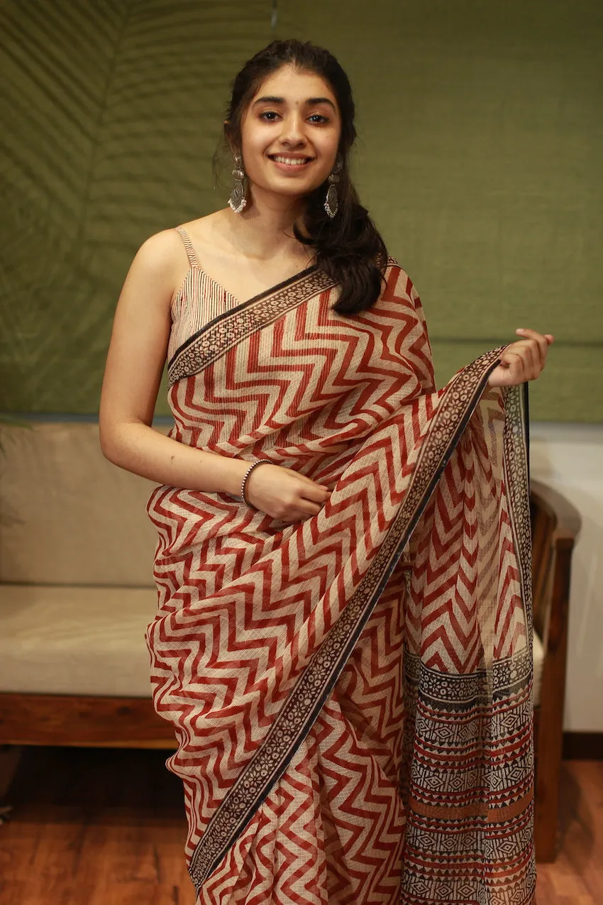 Bagru Hand Block Printed Kota Doria Natural Dyed Saree