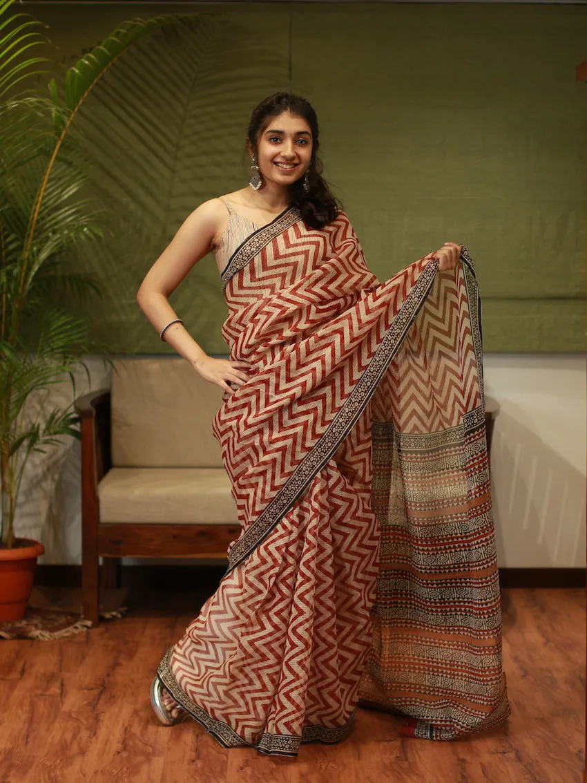Bagru Hand Block Printed Kota Doria Natural Dyed Saree