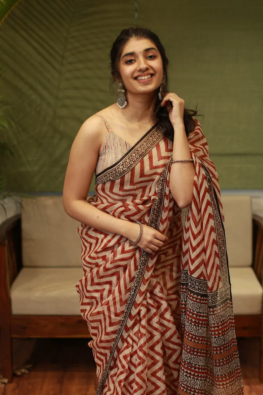Bagru Hand Block Printed Kota Doria Natural Dyed Saree