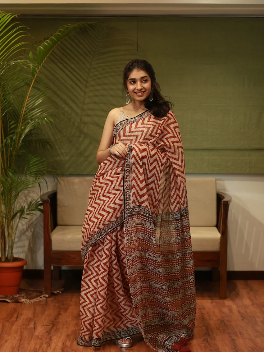 Bagru Hand Block Printed Kota Doria Natural Dyed Saree