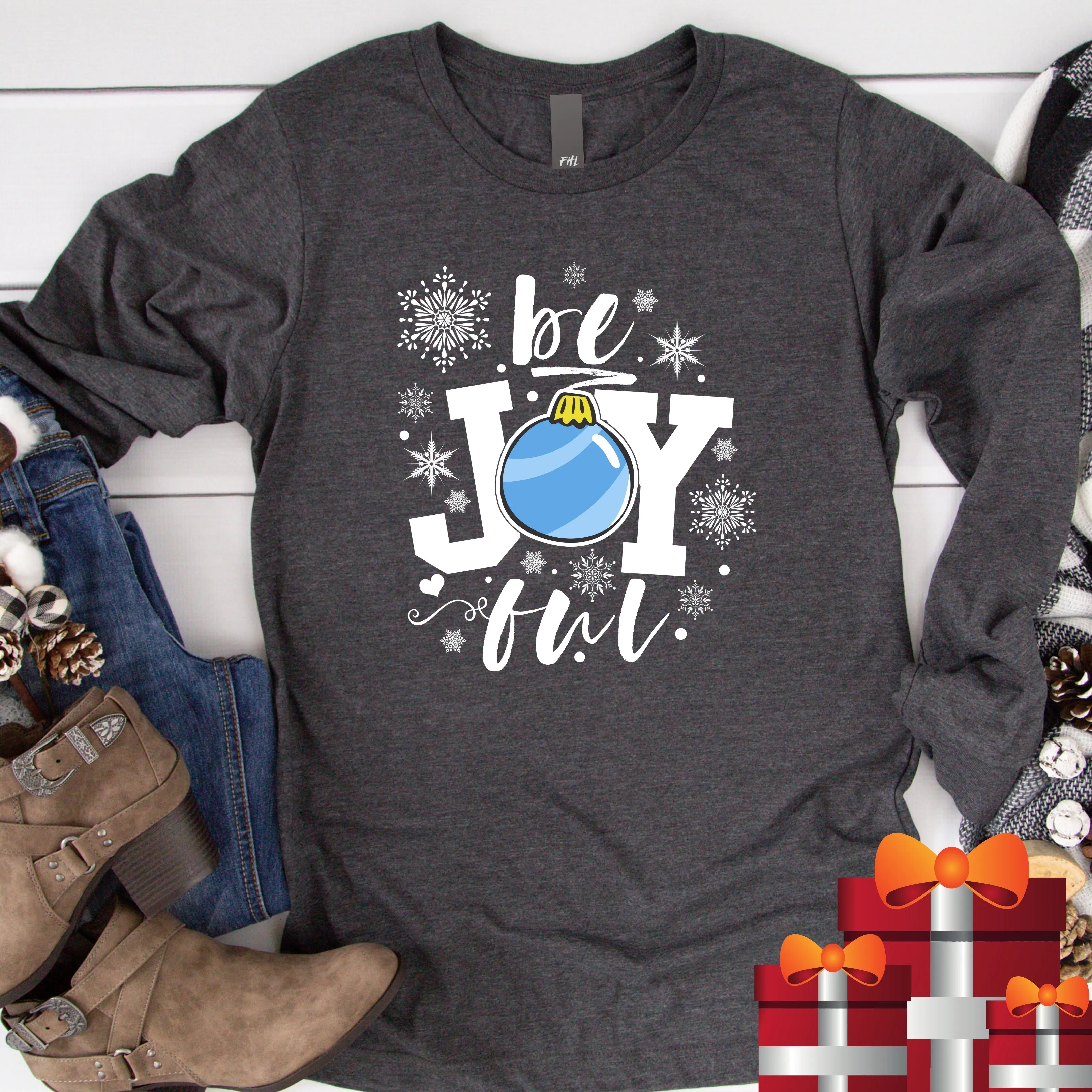be Joyful Ornament Snowflakes Dark Grey Long Sleeve Tee