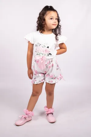 Beau KiD rose pink shorts and white T-shirt with roses on