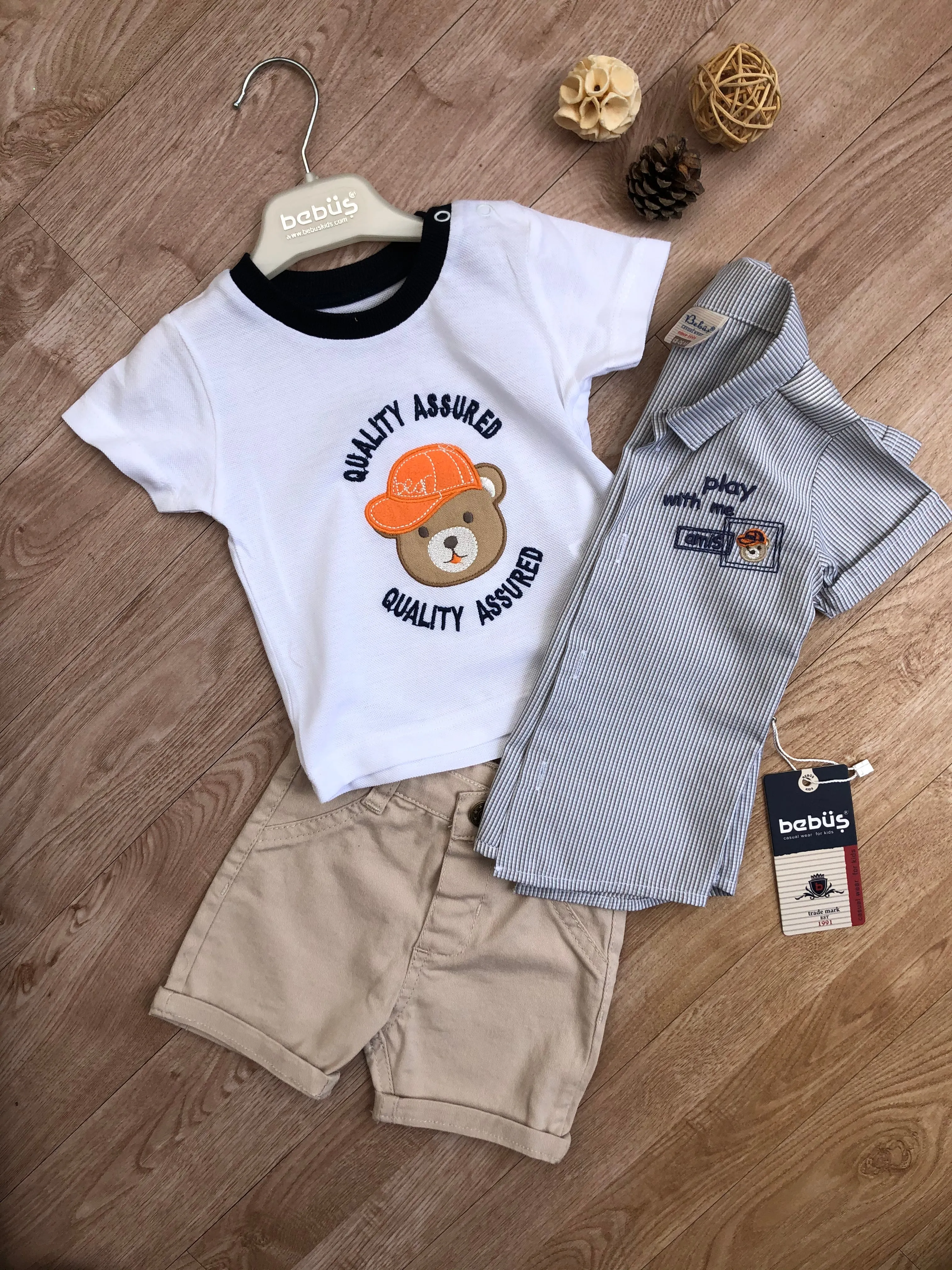 Bebus Boys Stylish Three Piece Teddy Shirt and Beige Shorts Outfit (6-18 months)