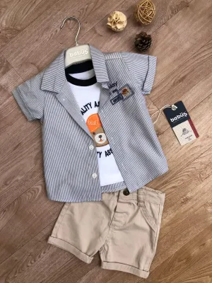 Bebus Boys Stylish Three Piece Teddy Shirt and Beige Shorts Outfit (6-18 months)