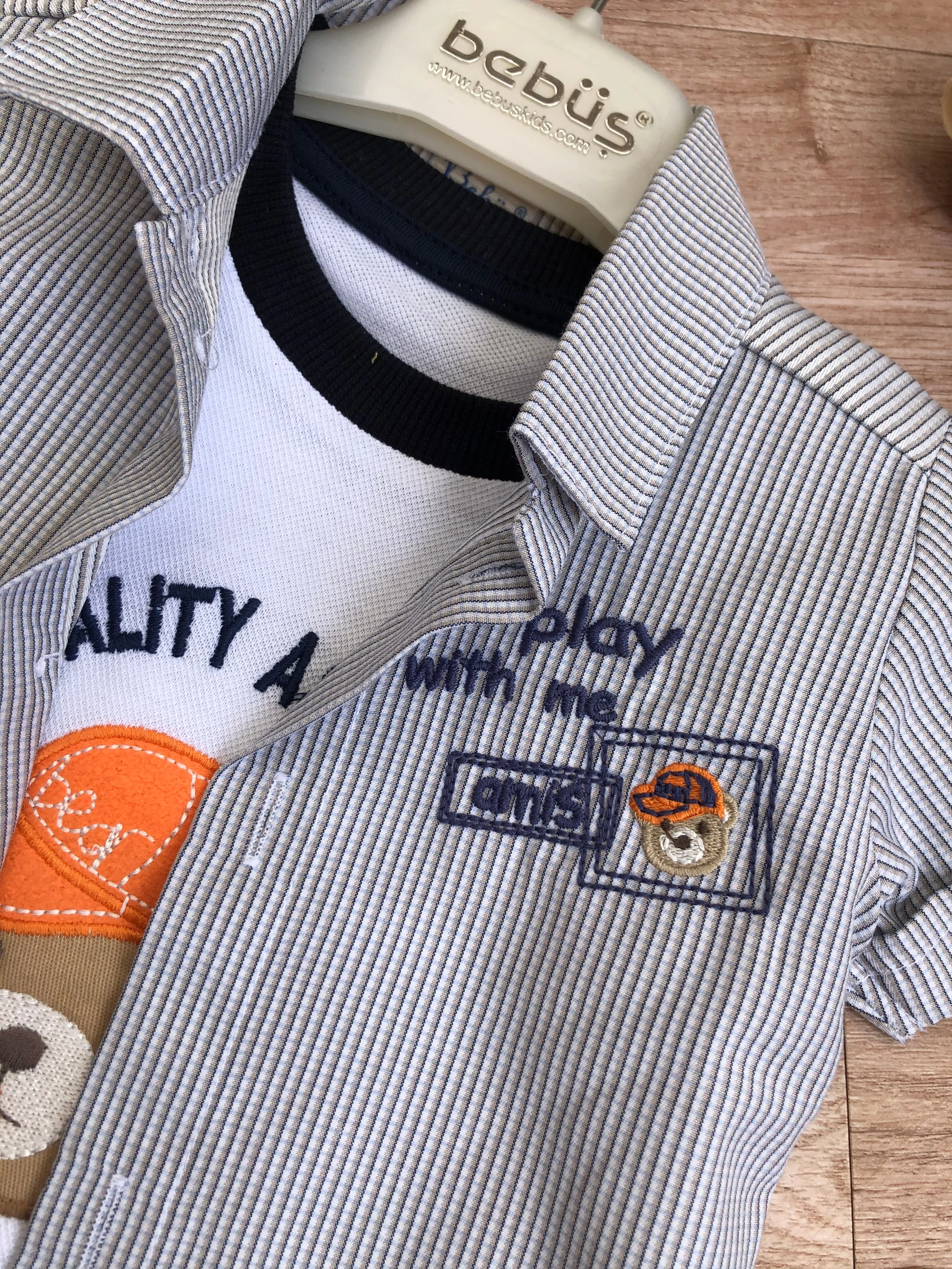 Bebus Boys Stylish Three Piece Teddy Shirt and Beige Shorts Outfit (6-18 months)