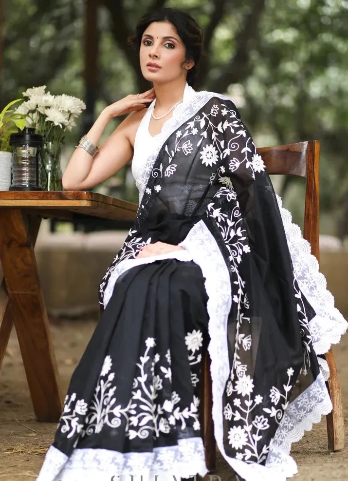 BLACK CHANDERI SAREE WITH BEAUTIFUL WHITE EMBROIDERY & DELICATE BORDER
