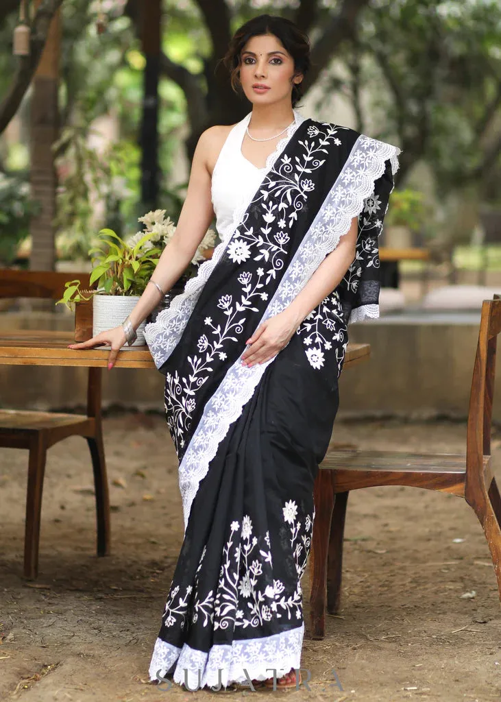 BLACK CHANDERI SAREE WITH BEAUTIFUL WHITE EMBROIDERY & DELICATE BORDER