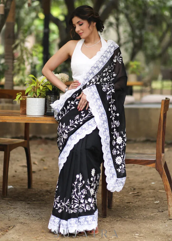 BLACK CHANDERI SAREE WITH BEAUTIFUL WHITE EMBROIDERY & DELICATE BORDER