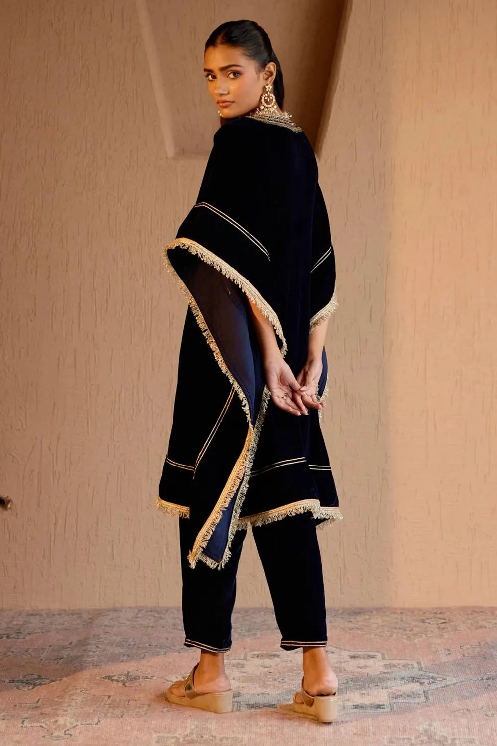 Blue Velvet Kaftan With Pants