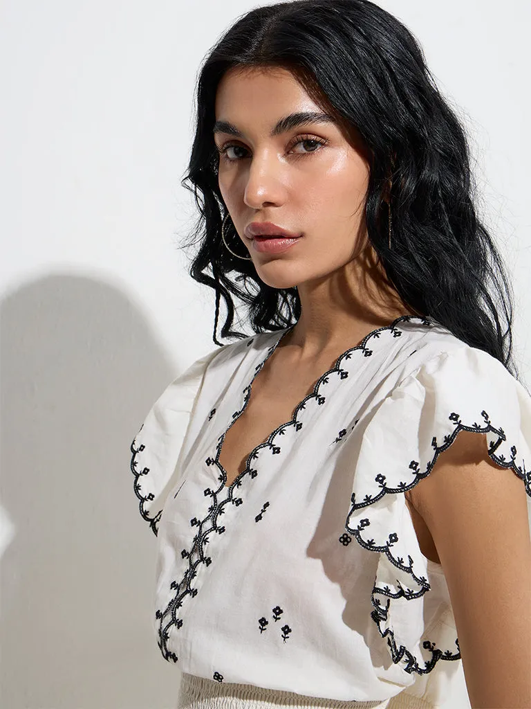 Bombay Paisley Off-White Embroidered Cotton Crop Top