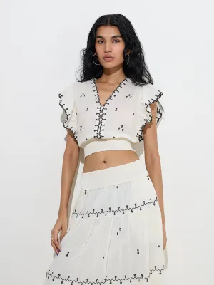 Bombay Paisley Off-White Embroidered Cotton Crop Top