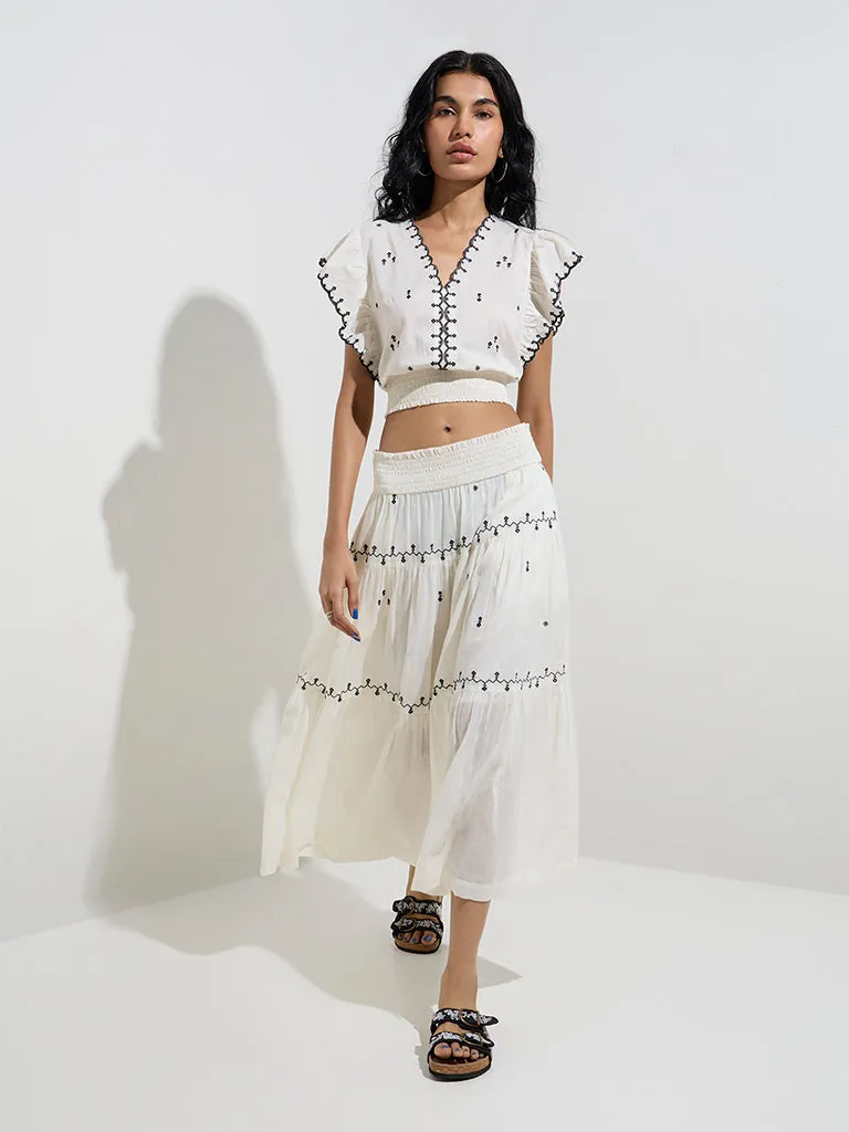 Bombay Paisley Off-White Embroidered Cotton Crop Top