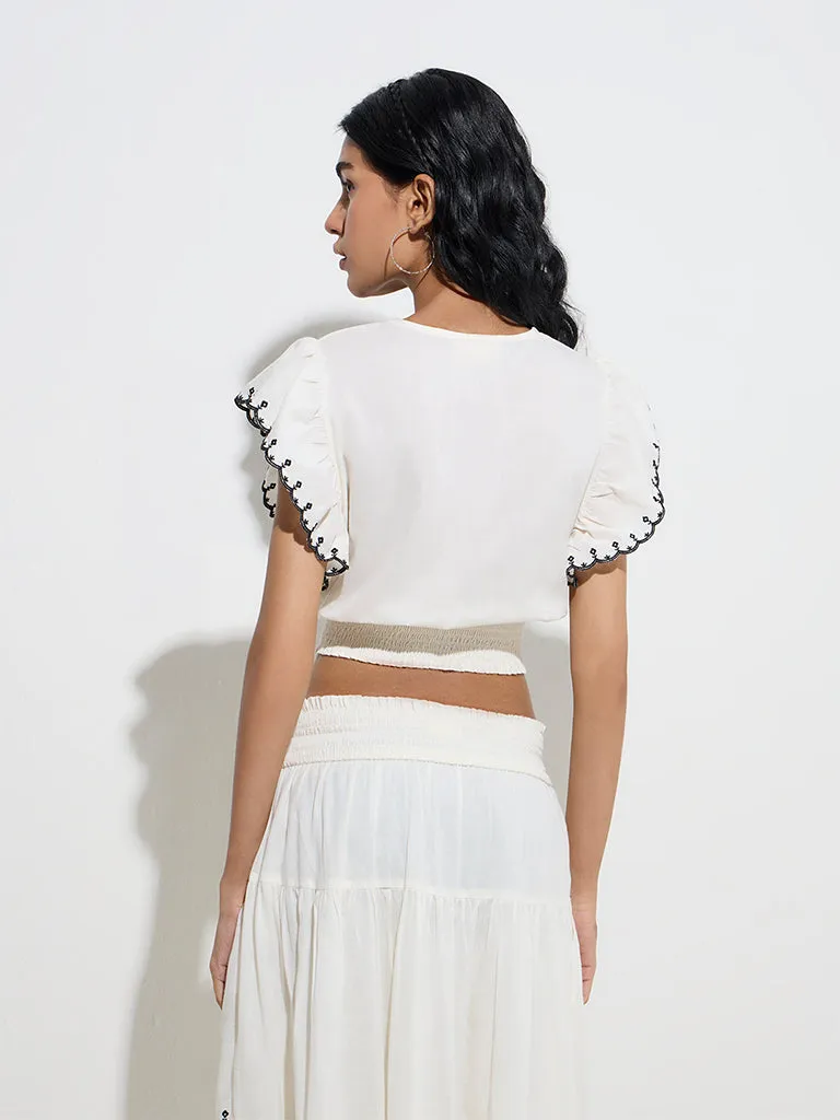 Bombay Paisley Off-White Embroidered Cotton Crop Top