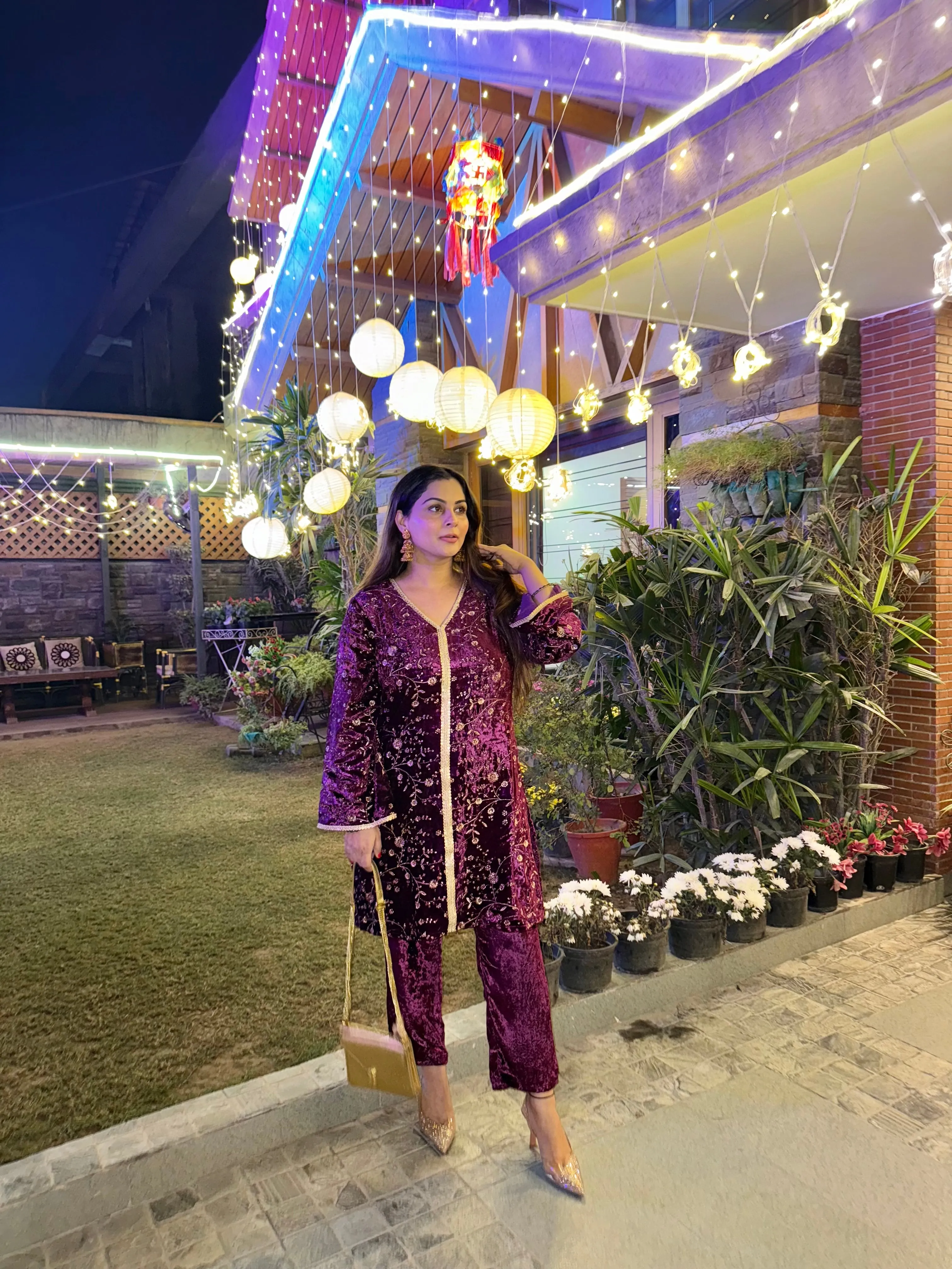 Burgundy Velvet Embroidered Suit Set