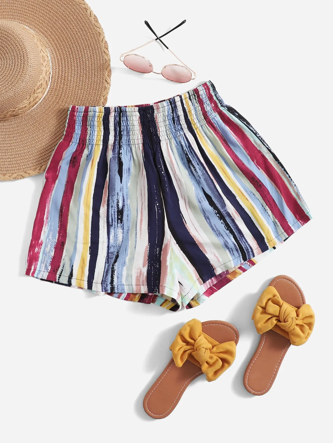 Casual Striped Shirred Natural Women Shorts