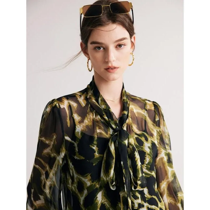 Chic Silk Blend Camouflage Bow Collar Blouse
