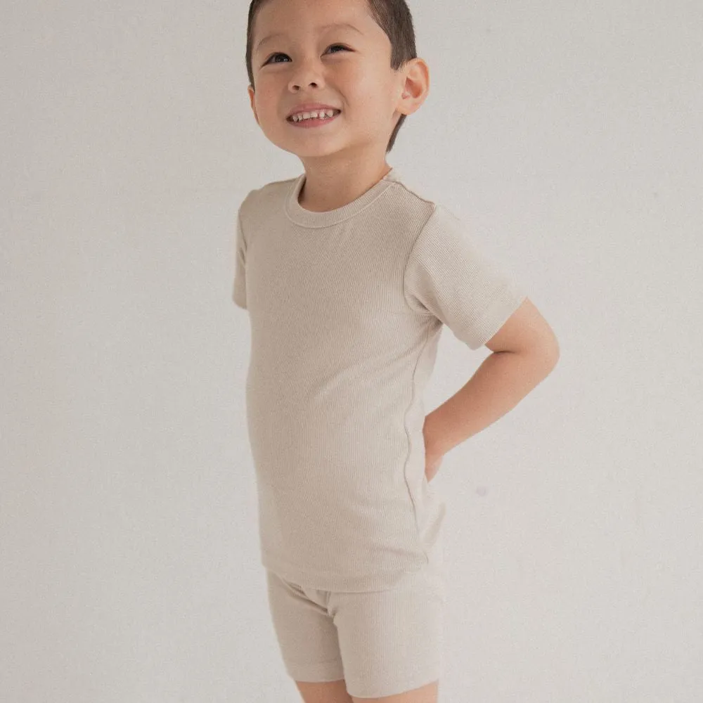 Children Top and Shorts Pajama Set in Oat Beige