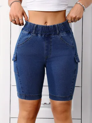 Elastic Waistband Plain Dark Washed Blue Skinny Fit Denim Shorts