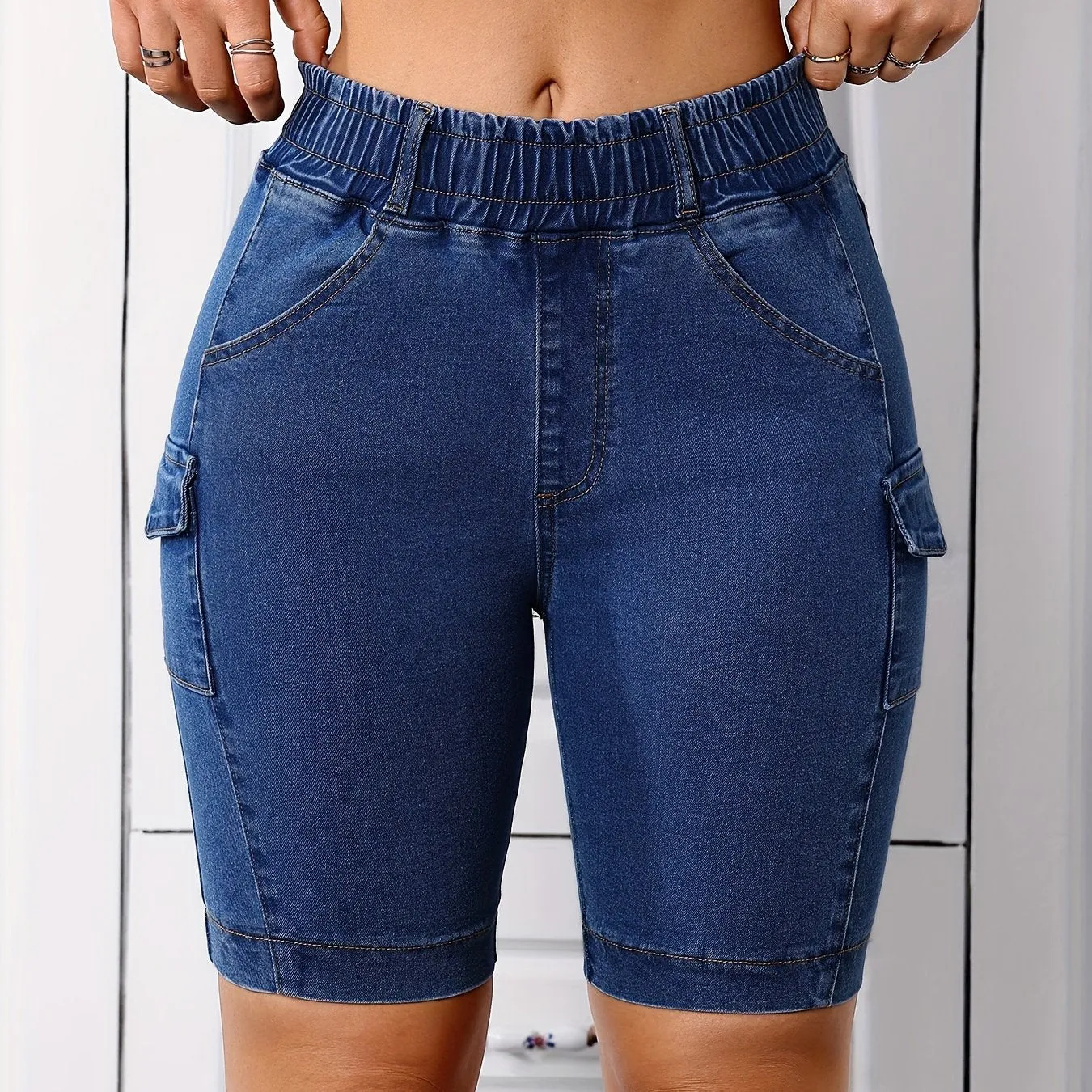 Elastic Waistband Plain Dark Washed Blue Skinny Fit Denim Shorts