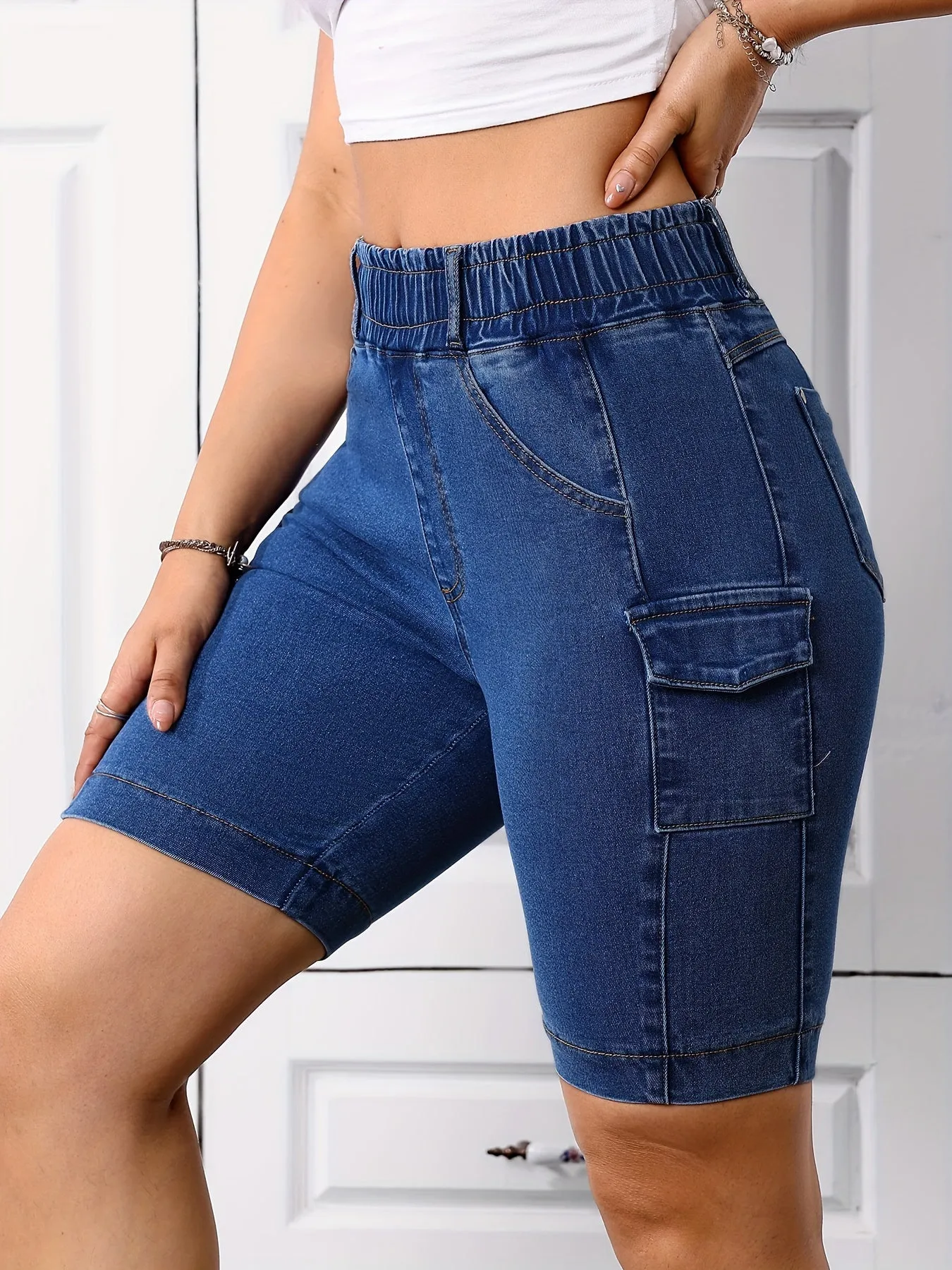 Elastic Waistband Plain Dark Washed Blue Skinny Fit Denim Shorts