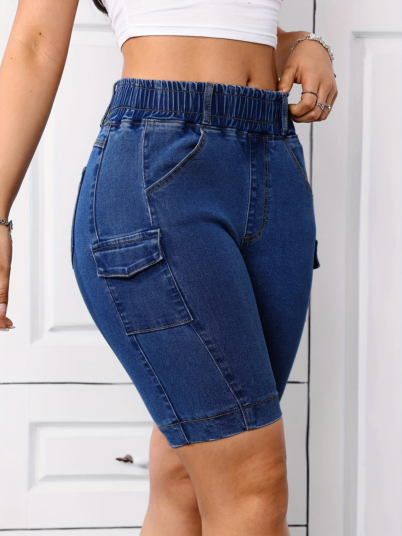Elastic Waistband Plain Dark Washed Blue Skinny Fit Denim Shorts