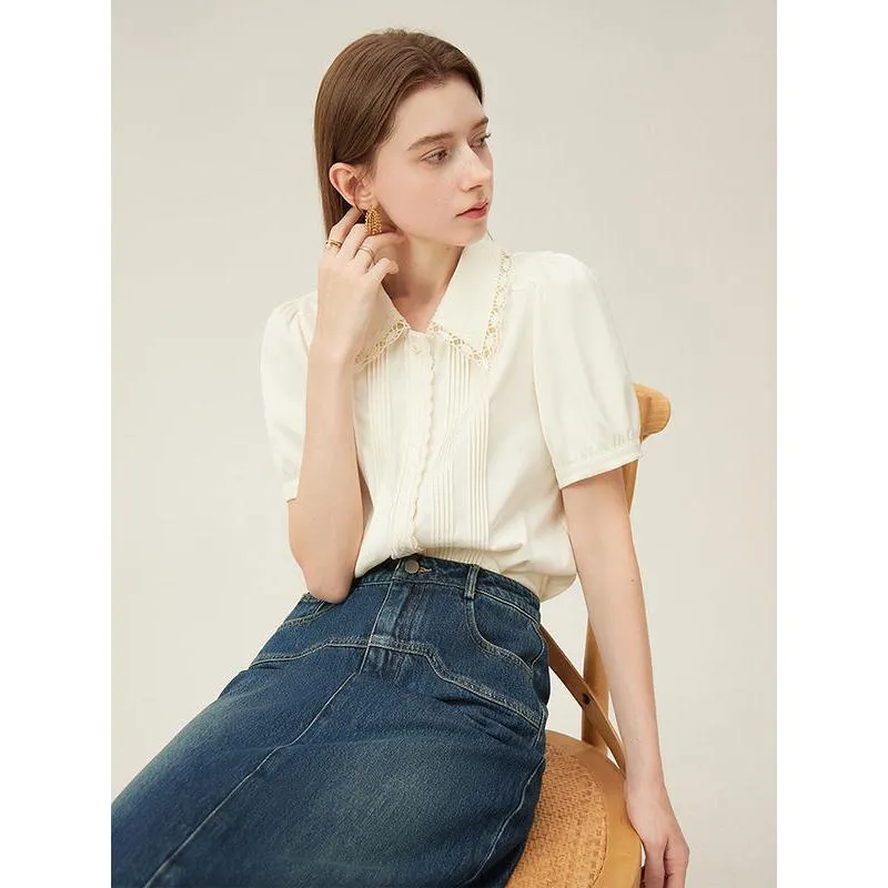 Elegant Summer Embroidered Polo-Neck Blouse with Petal Sleeves