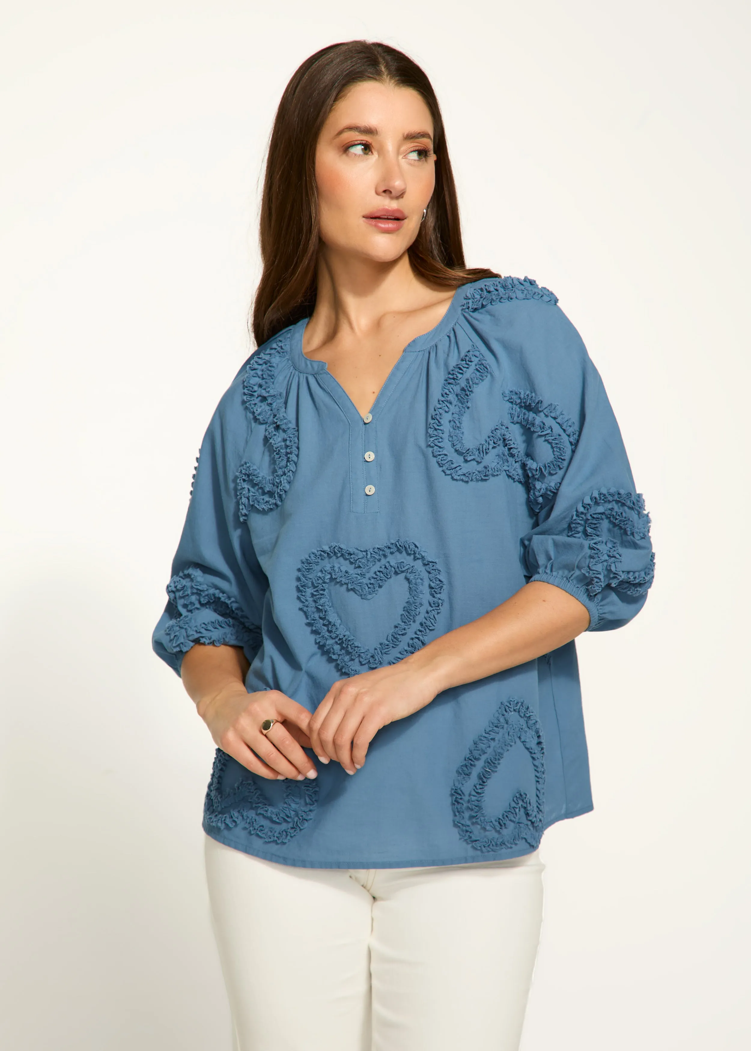 Embellished Cotton Blouse, Navy