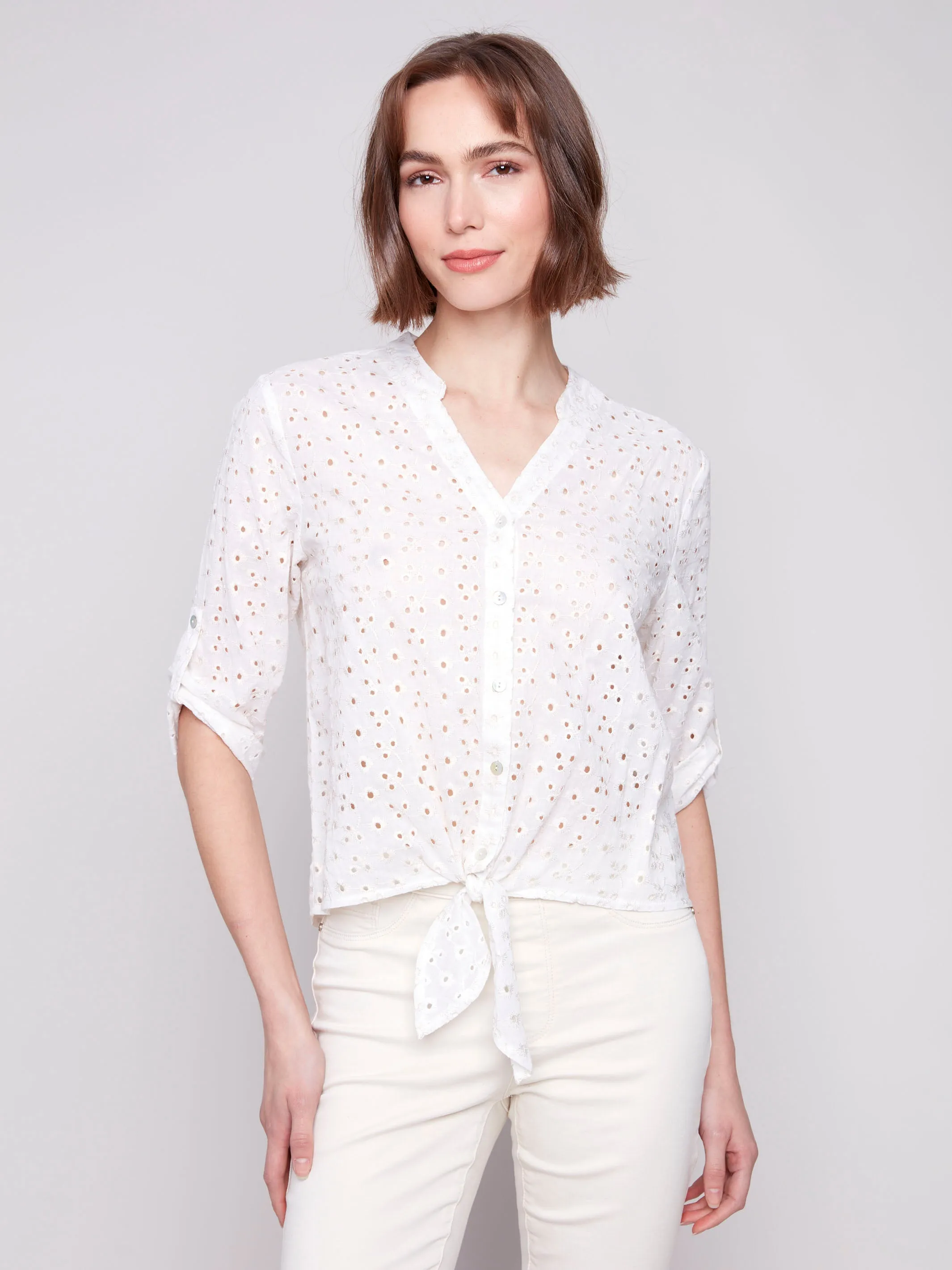 Eyelet Embroidery Cotton Blouse with Front Tie - Gold