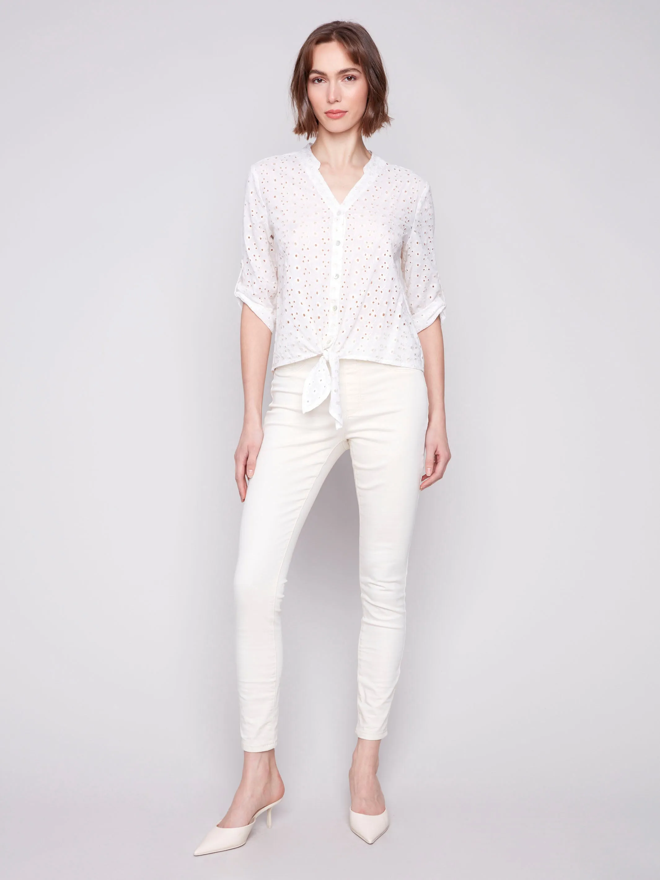 Eyelet Embroidery Cotton Blouse with Front Tie - Gold